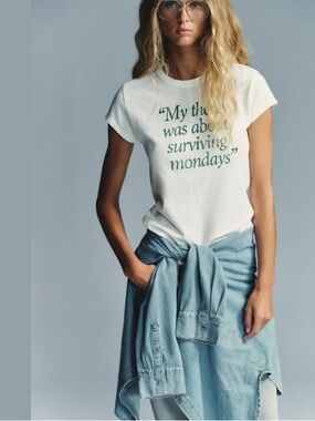 Zara white graphic short shirt sleeve Tee with Green Text, “Surviving Mondays”